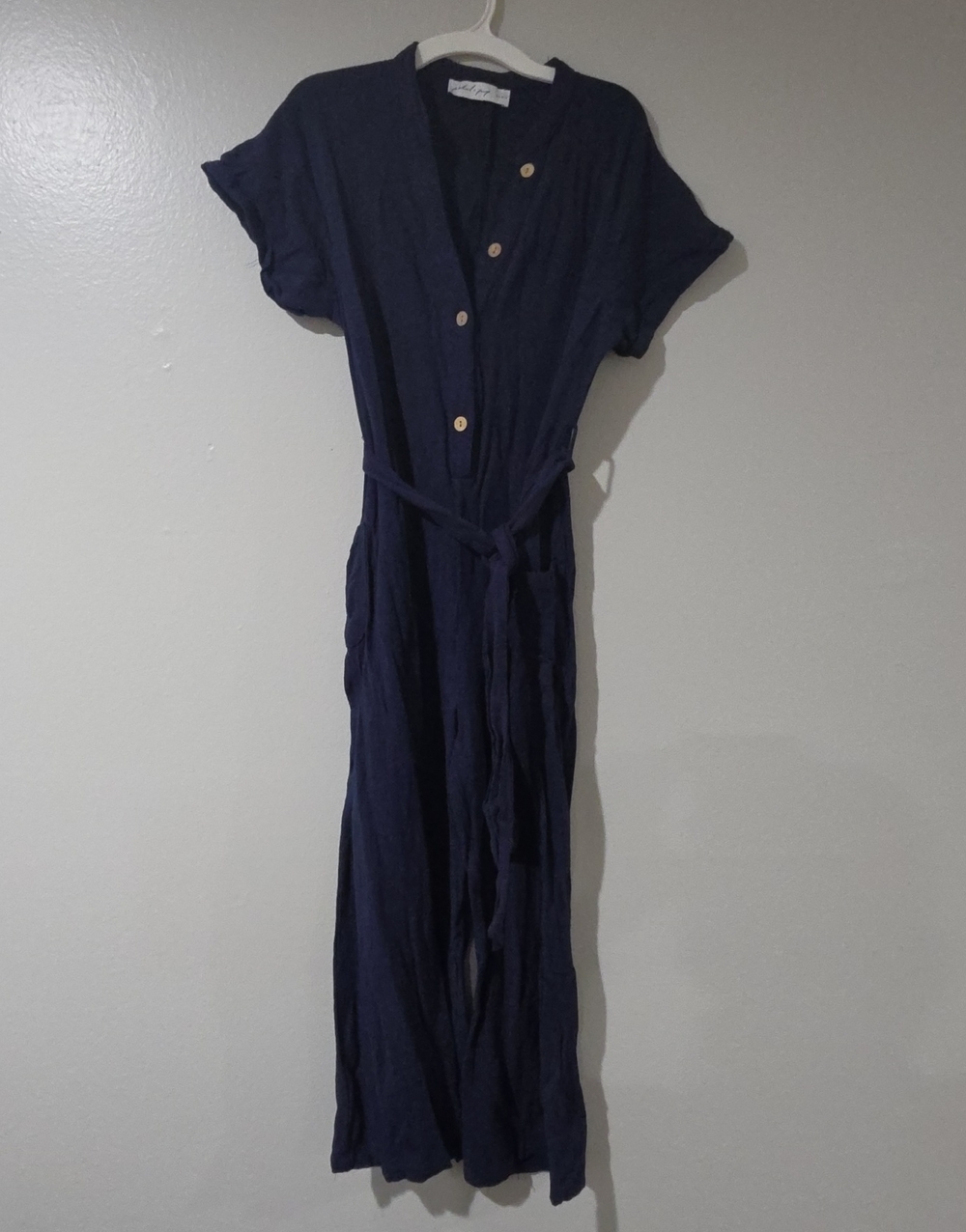 Petal & Pup Navy Button-Front Romper with Tie Waist